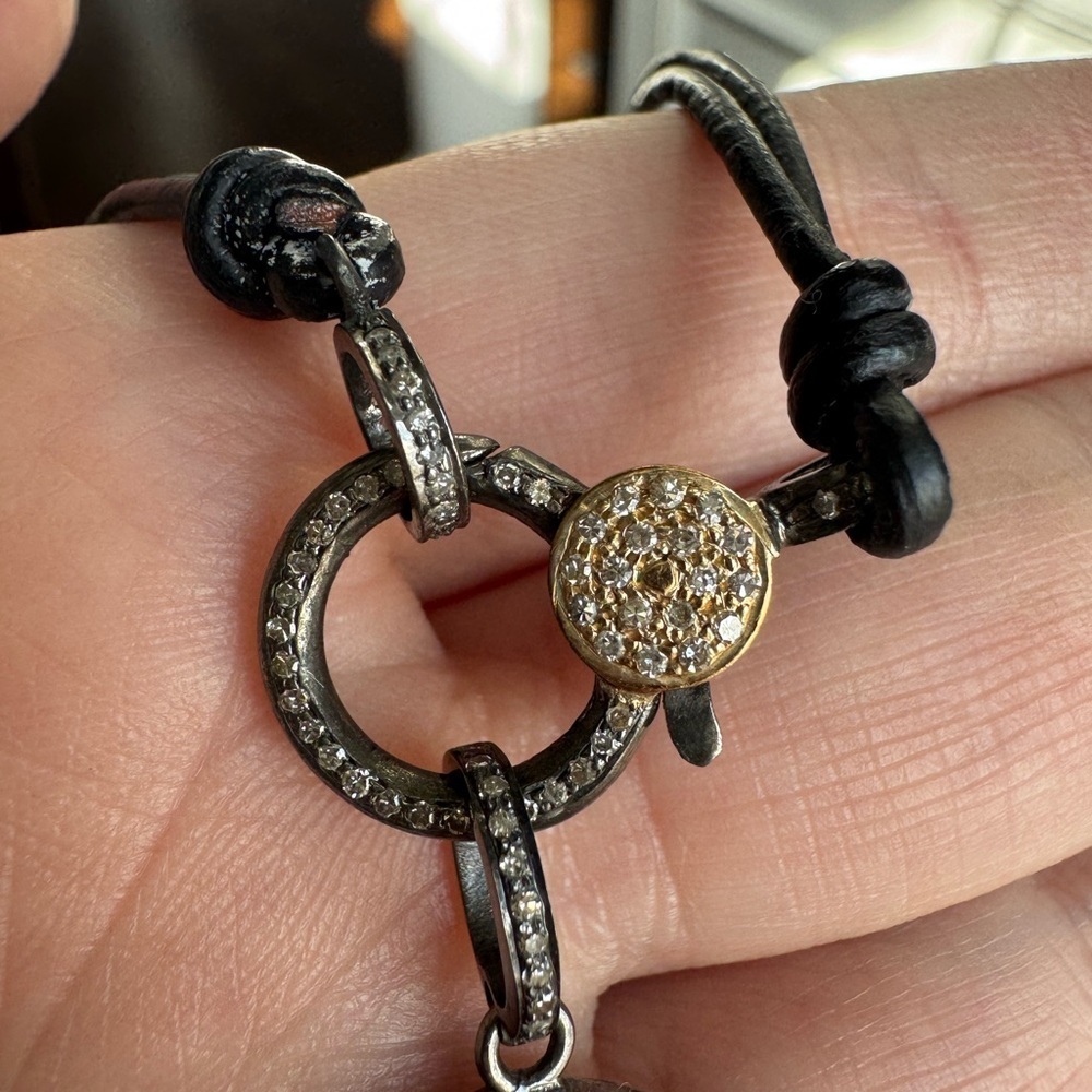 14k Gold, Sterling Silver, Natural Diamond, leather Chord Necklace - Picture 7 of 10